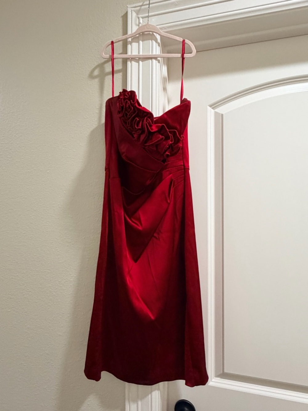 White House Black Market Red Satin Strapless Ruffle Dress